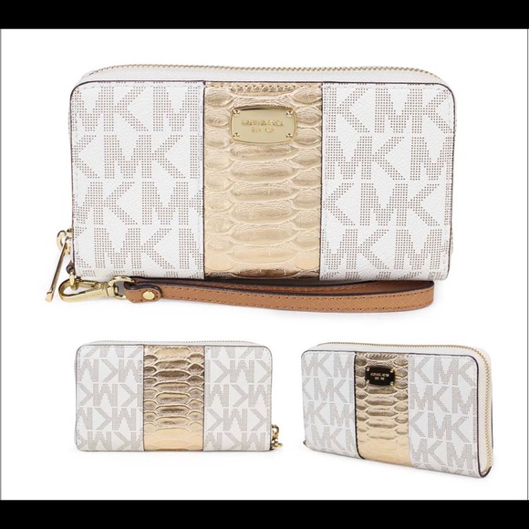 Michael Kors Center Stripe Wristlet Vanilla Gold - Picture 1 of 7